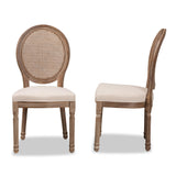 Louis Traditional French Inspired Beige Fabric Upholstered and Antique Brown Finished Wood 2-Piece Dining Chair Set with Rattan