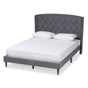 Baxton Studio Joanna Modern and Contemporay Grey Velvet Fabric Upholstered and Dark Brown Finished Wood Queen Size Platform Bed