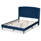 Baxton Studio Joanna Modern and Contemporay Navy Blue Velvet Fabric Upholstered and Dark Brown Finished Wood Queen Size Platform Bed