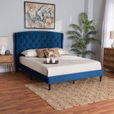 Baxton Studio Joanna Modern and Contemporay Navy Blue Velvet Fabric Upholstered and Dark Brown Finished Wood Queen Size Platform Bed