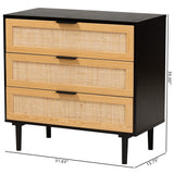 Baxton Studio Maureen Mid-Century Modern Espresso Brown Wood and Rattan 3-Drawer Dresser