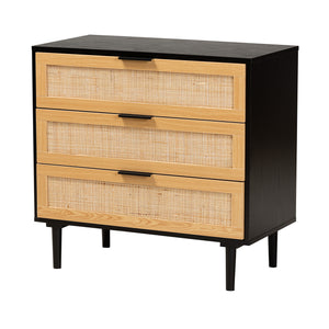 Baxton Studio Maureen Mid-Century Modern Espresso Brown Wood and Rattan 3-Drawer Dresser