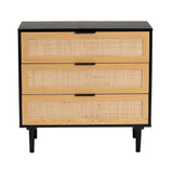 Baxton Studio Maureen Mid-Century Modern Espresso Brown Wood and Rattan 3-Drawer Dresser