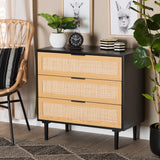 Baxton Studio Maureen Mid-Century Modern Espresso Brown Wood and Rattan 3-Drawer Dresser