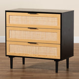 Baxton Studio Maureen Mid-Century Modern Espresso Brown Wood and Rattan 3-Drawer Dresser