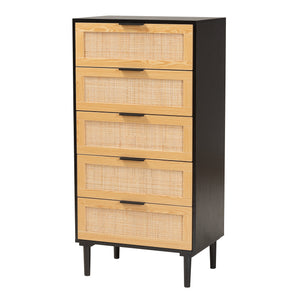 Baxton Studio Maureen Mid-Century Modern Espresso Brown Wood and Rattan 5-Drawer Storage Chest