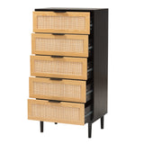 Baxton Studio Maureen Mid-Century Modern Espresso Brown Wood and Rattan 5-Drawer Storage Chest