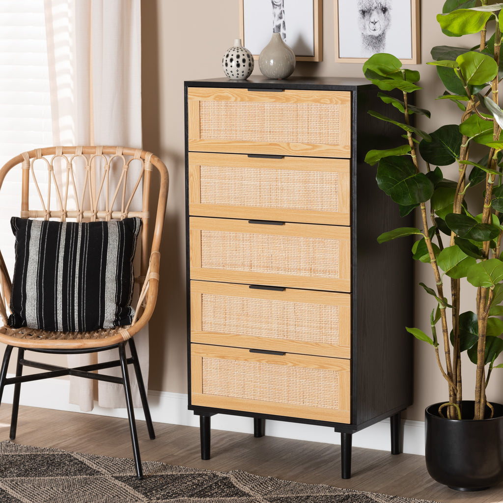 Maureen Mid Century Modern Espresso Brown Wood and Rattan 5 Drawer