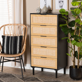 Baxton Studio Maureen Mid-Century Modern Espresso Brown Wood and Rattan 5-Drawer Storage Chest