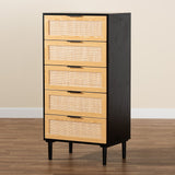 Baxton Studio Maureen Mid-Century Modern Espresso Brown Wood and Rattan 5-Drawer Storage Chest