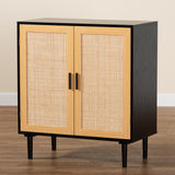 Baxton Studio Maureen Mid-Century Modern Espresso Brown Wood and Rattan 2-Door Storage Cabinet