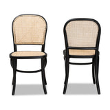 Cambree Mid-Century Modern Brown Woven Rattan and Black Wood 2-Piece Cane Dining Chair Set