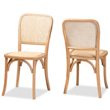 Neah Mid-Century Modern Brown Woven Rattan and Wood 2-Piece Cane Dining Chair Set