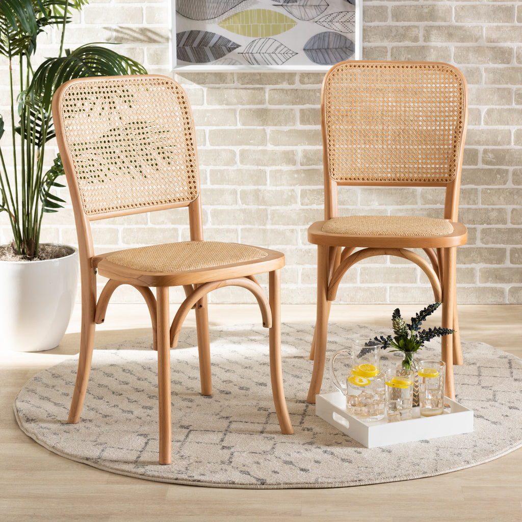 Neah Mid-Century Modern Brown Woven Rattan and Wood 2-Piece Cane Dining Chair Set