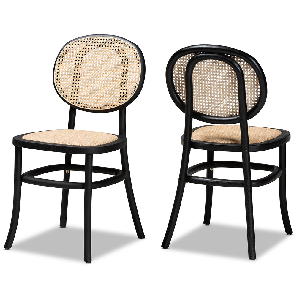 Garold Mid-Century Modern Brown Woven Rattan and Black Wood 2-Piece Cane Dining Chair Set