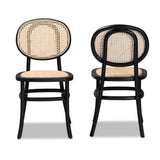 Garold Mid-Century Modern Brown Woven Rattan and Black Wood 2-Piece Cane Dining Chair Set