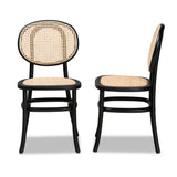 Garold Mid-Century Modern Brown Woven Rattan and Black Wood 2-Piece Cane Dining Chair Set