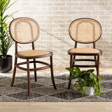 Garold Mid-Century Modern Brown Woven Rattan and Walnut Brown Wood 2-Piece Cane Dining Chair Set
