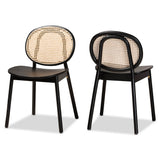 Halen Mid-Century Modern Brown Woven Rattan and Black Wood Finished 2-Piece Cane Dining Chair Set