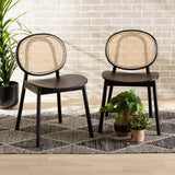 Halen Mid-Century Modern Brown Woven Rattan and Black Wood Finished 2-Piece Cane Dining Chair Set