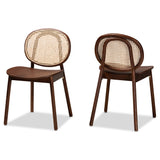 Halen Mid-Century Modern Brown Woven Rattan and Walnut Brown Wood Finished 2-Piece Cane Dining Chair Set