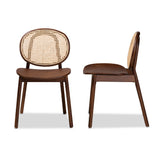 Halen Mid-Century Modern Brown Woven Rattan and Walnut Brown Wood Finished 2-Piece Cane Dining Chair Set
