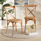 Tartan Mid-Century Modern Brown Woven Rattan and Wood 2-Piece Dining Chair Set