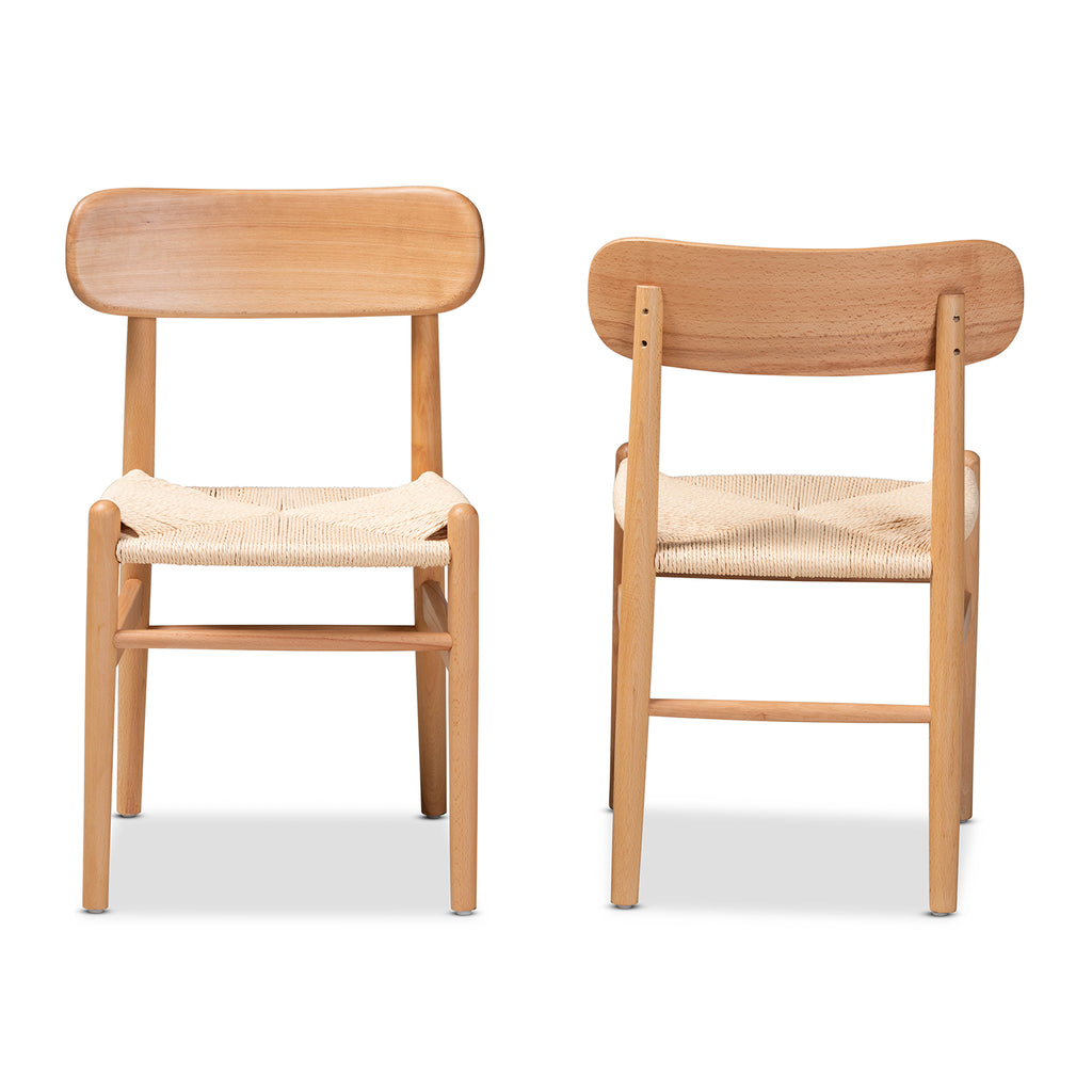 Raheem Mid-Century Modern Brown Hemp and Wood 2-Piece Dining Chair Set