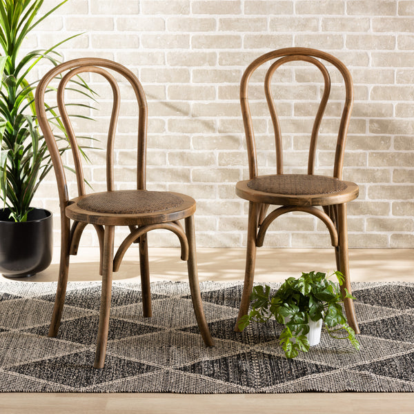 Dacian Mid-Century Modern Brown Woven Rattan and Walnut Brown Wood 2-Piece Dining Chair Set