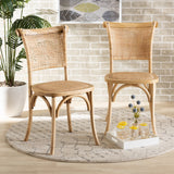 Fields Mid-Century Modern Brown Woven Rattan and Wood 2-Piece Cane Dining Chair Set