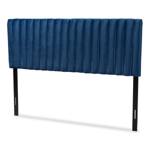 Emile Modern and Contemporary Navy Blue Velvet Fabric Upholstered and Dark Brown Finished Wood Queen Size Headboard