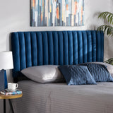 Emile Modern and Contemporary Navy Blue Velvet Fabric Upholstered and Dark Brown Finished Wood King Size Headboard