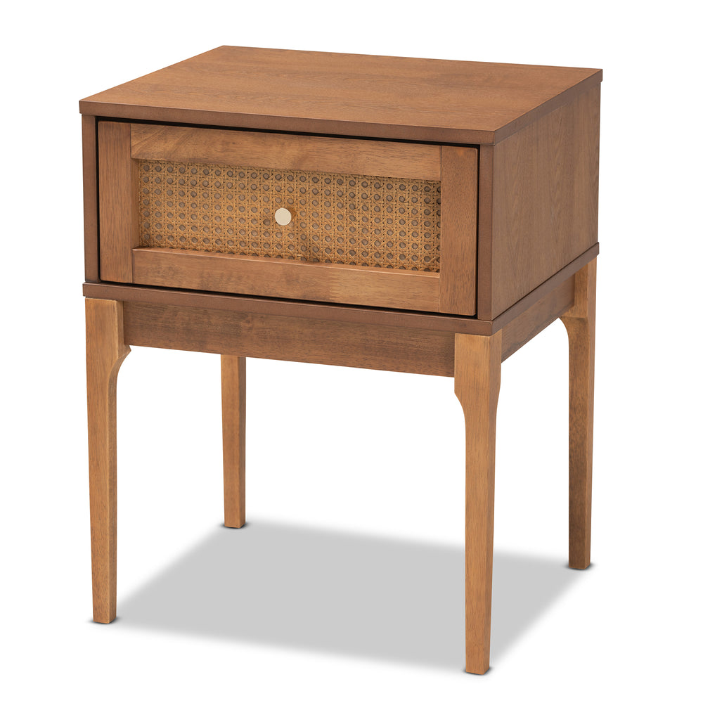 Baxton Studio Ramiel Mid-Century Modern Ash Walnut Finished Wood and Rattan 1-Drawer Nightstand