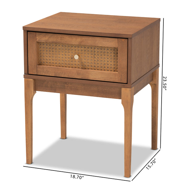 Baxton Studio Ramiel Mid-Century Modern Ash Walnut Finished Wood and Rattan 1-Drawer Nightstand