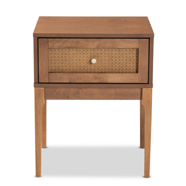 Baxton Studio Ramiel Mid-Century Modern Ash Walnut Finished Wood and Rattan 1-Drawer Nightstand