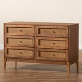 Baxton Studio Ramiel Mid-Century Modern Ash Walnut Finished Wood and Rattan 6-Drawer Dresser