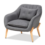 Valentina Mid-Century Modern Transitional Grey Velvet Fabric Upholstered and Natural Wood Finished Armchair