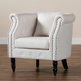 Renessa Classic and Traditional Beige Velvet Fabric Upholstered and Dark Brown Finished Wood Armchair