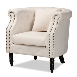 Renessa Classic and Traditional Beige Velvet Fabric Upholstered and Dark Brown Finished Wood Armchair