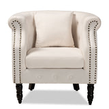 Renessa Classic and Traditional Beige Velvet Fabric Upholstered and Dark Brown Finished Wood Armchair