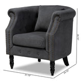 Renessa Classic and Traditional Grey Velvet Fabric Upholstered and Dark Brown Finished Wood Armchair