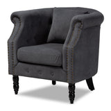 Renessa Classic and Traditional Grey Velvet Fabric Upholstered and Dark Brown Finished Wood Armchair