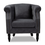 Renessa Classic and Traditional Grey Velvet Fabric Upholstered and Dark Brown Finished Wood Armchair