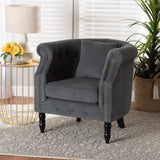 Renessa Classic and Traditional Grey Velvet Fabric Upholstered and Dark Brown Finished Wood Armchair