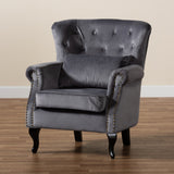 Fletcher Classic and Traditional Grey Velvet Fabric Upholstered and Dark Brown Finished Wood Armchair