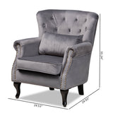 Fletcher Classic and Traditional Grey Velvet Fabric Upholstered and Dark Brown Finished Wood Armchair