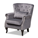 Fletcher Classic and Traditional Grey Velvet Fabric Upholstered and Dark Brown Finished Wood Armchair