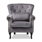 Fletcher Classic and Traditional Grey Velvet Fabric Upholstered and Dark Brown Finished Wood Armchair