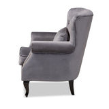 Fletcher Classic and Traditional Grey Velvet Fabric Upholstered and Dark Brown Finished Wood Armchair