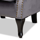 Fletcher Classic and Traditional Grey Velvet Fabric Upholstered and Dark Brown Finished Wood Armchair